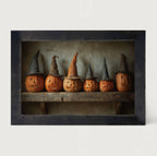 Shelf Full of Jack-o-Lanterns in Witch Hats - HF