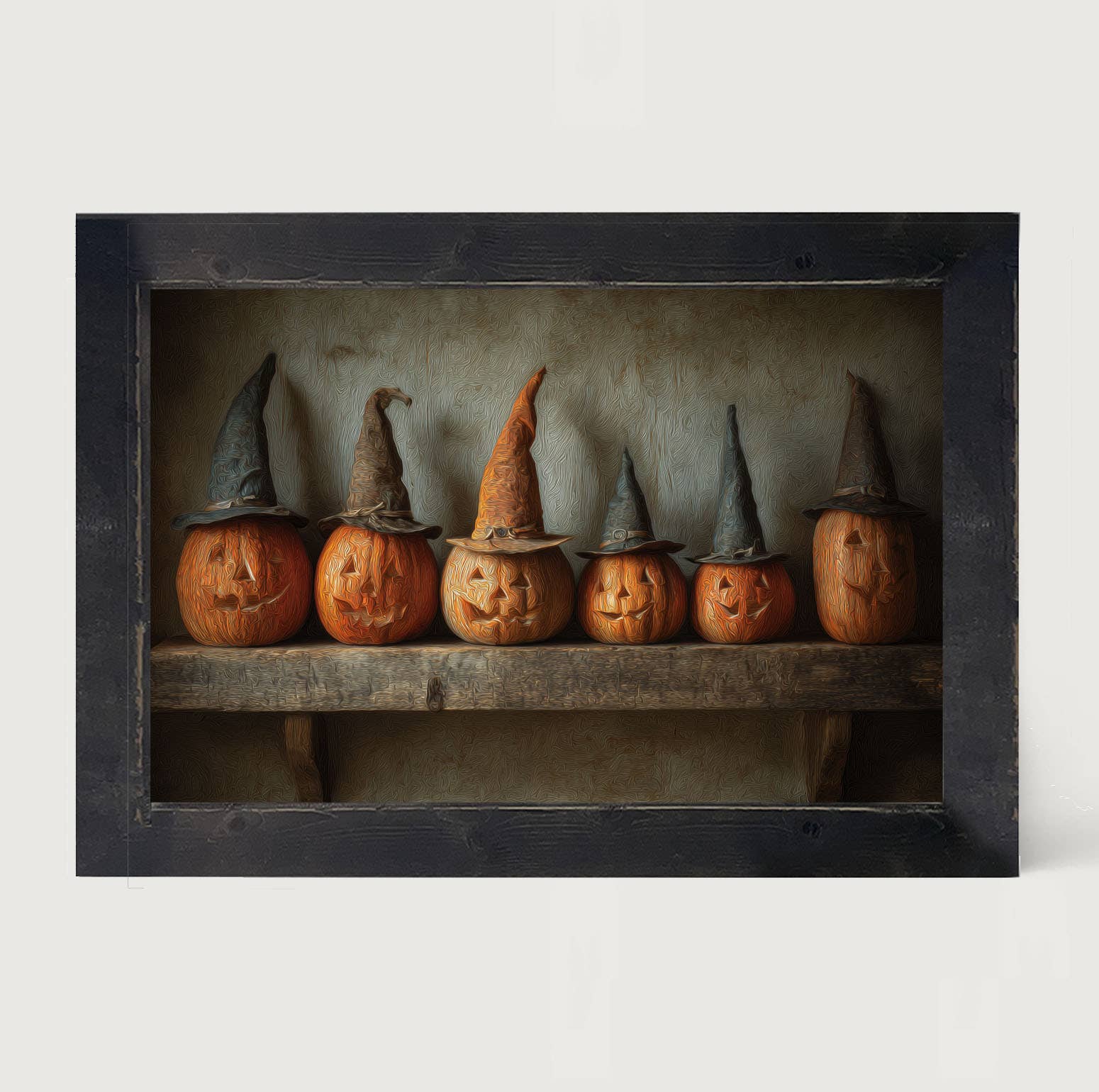 Shelf Full of Jack-o-Lanterns in Witch Hats - HF