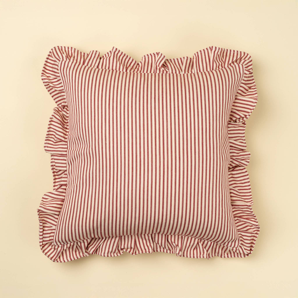 20x20 Red Ticking Ruffle Pillow