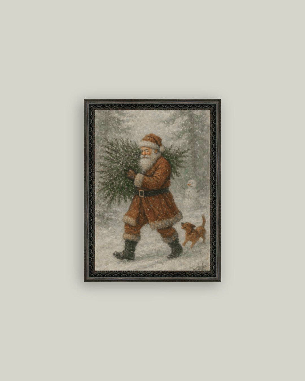 Santa with Tree Framed Antique Art
