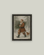 Santa with Tree Framed Antique Art