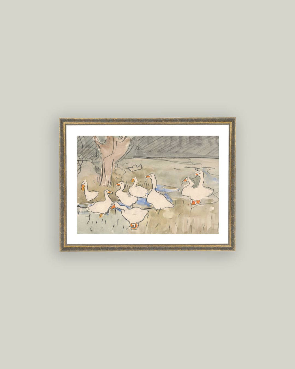 Geese Pond Framed Antique Art