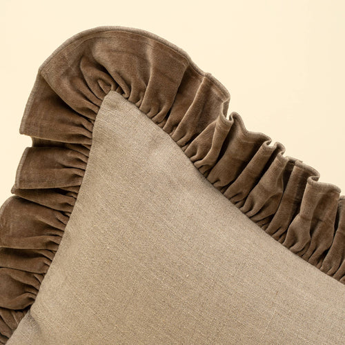 15x42 Velvet Ruffle Linen Pillow, Chocolate