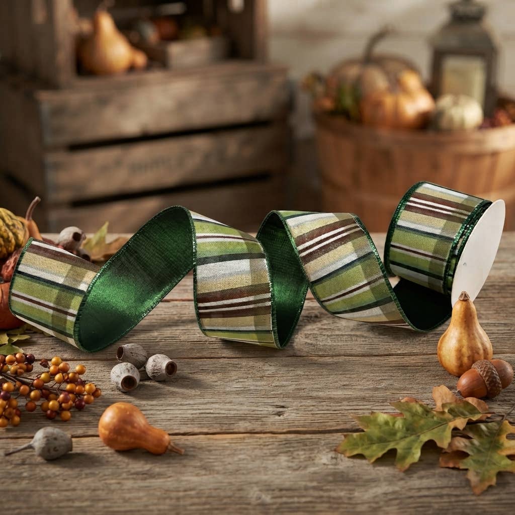 Green Ribbon w/ Brown Plaid 10yd
