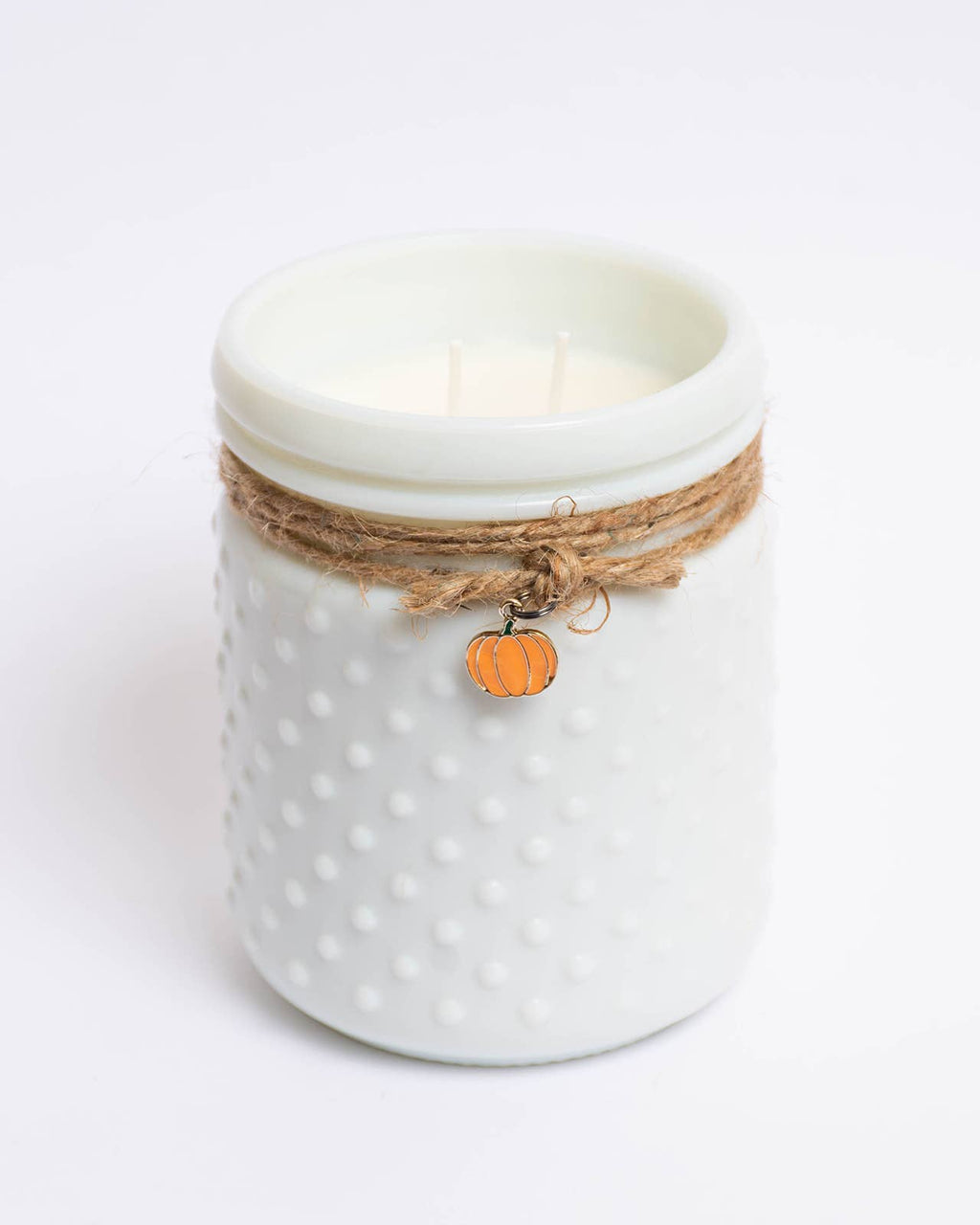 White Hobnail Candle W/Pumpkin Charm