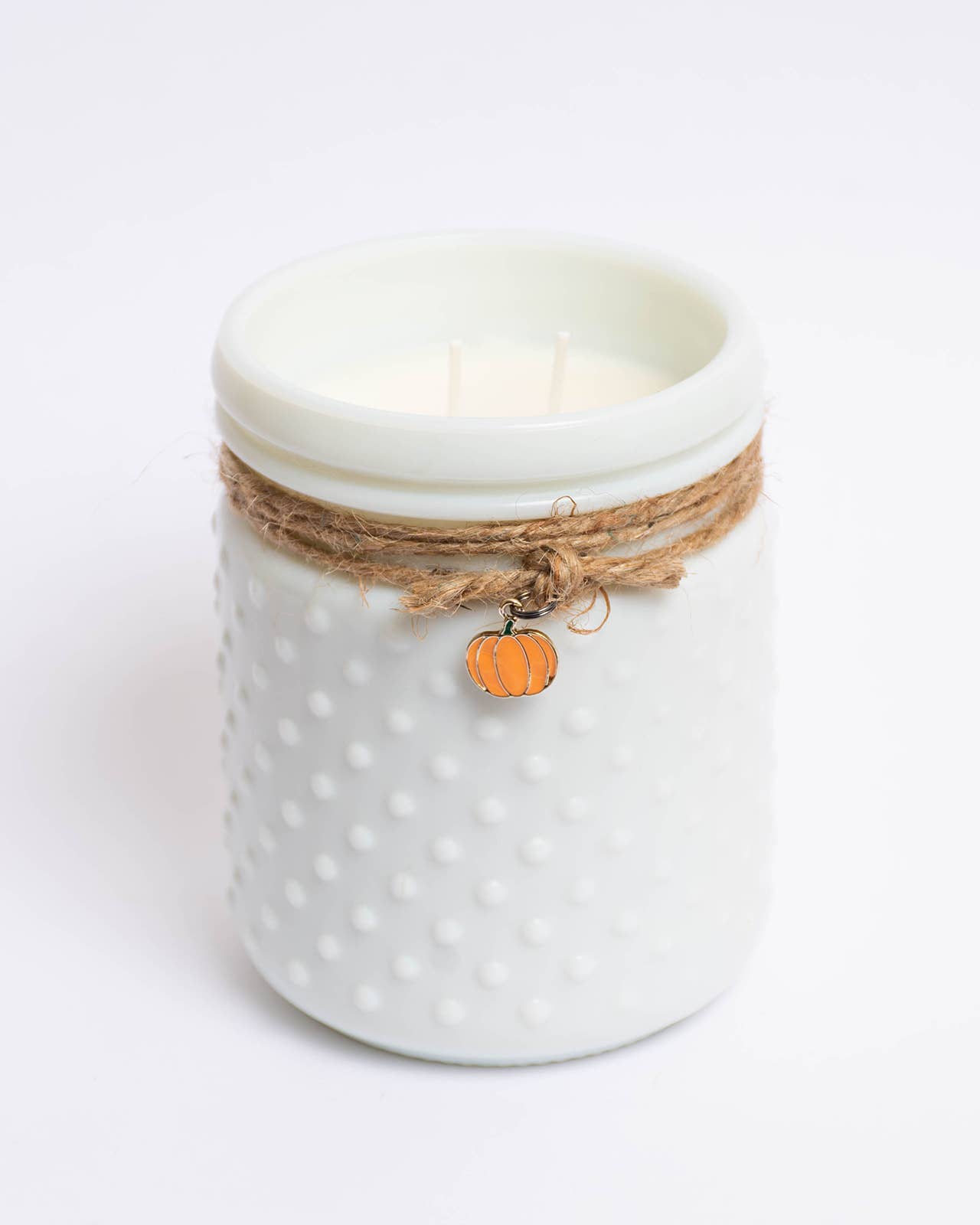 White Hobnail Candle W/Pumpkin Charm