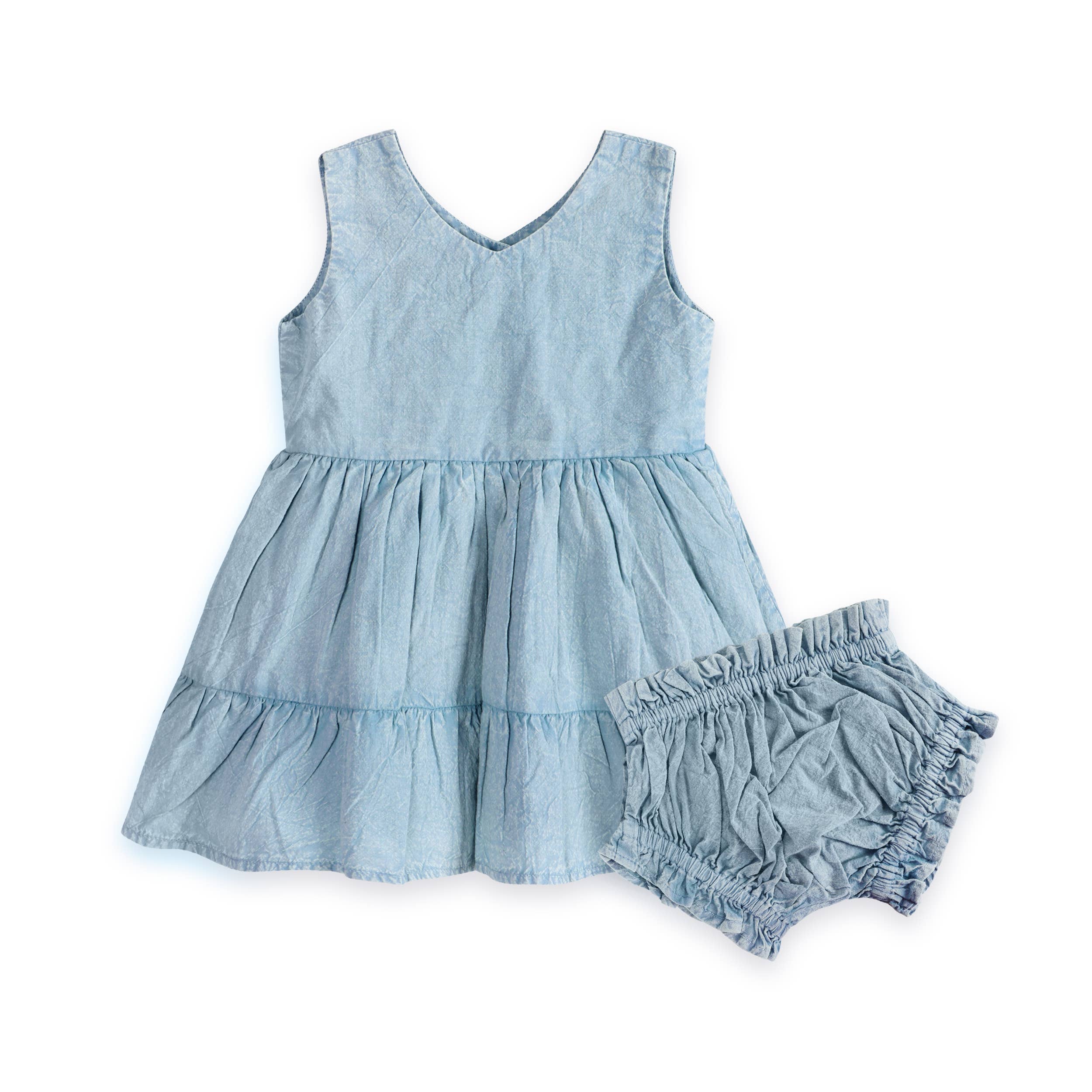 River Soft Hand-Dyed Denim Baby Dress + Bloomer