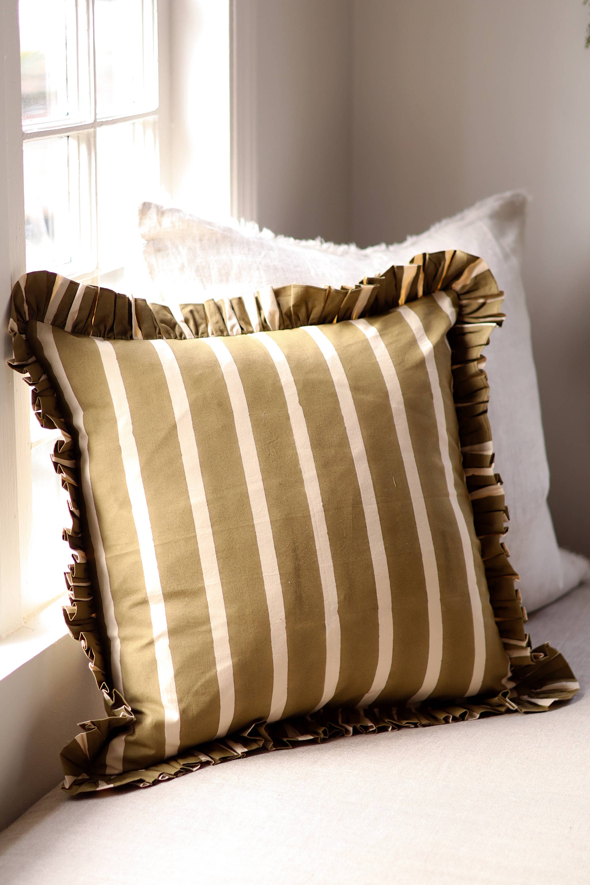 20x20 Block Print Stripe Ruffle Pillow, Olive