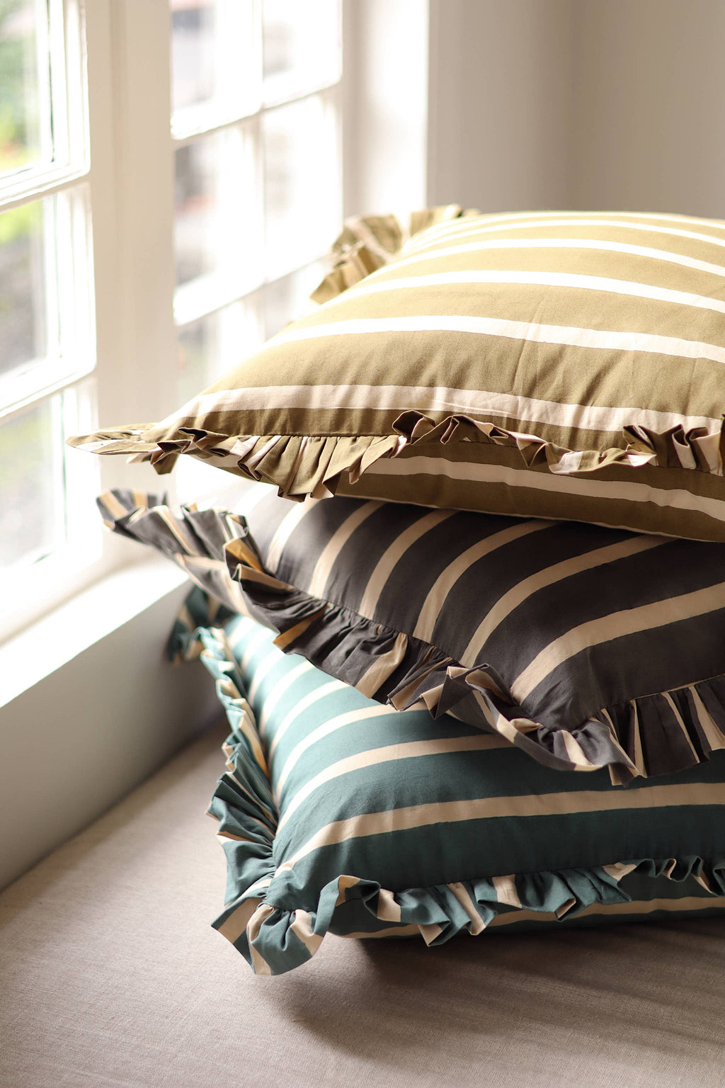 20x20 Block Print Stripe Ruffle Pillow, Charcoal
