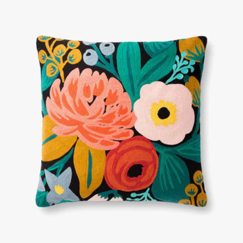 Black & Multi Colored Embroidered Wildflowers Throw Pillow - 22x22
