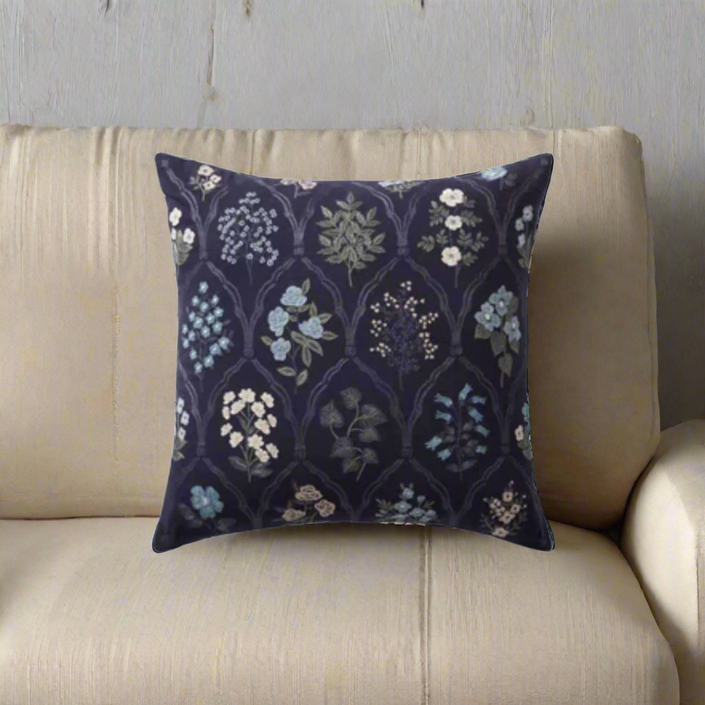 Blue floral crosshatch pillow - 18x18"