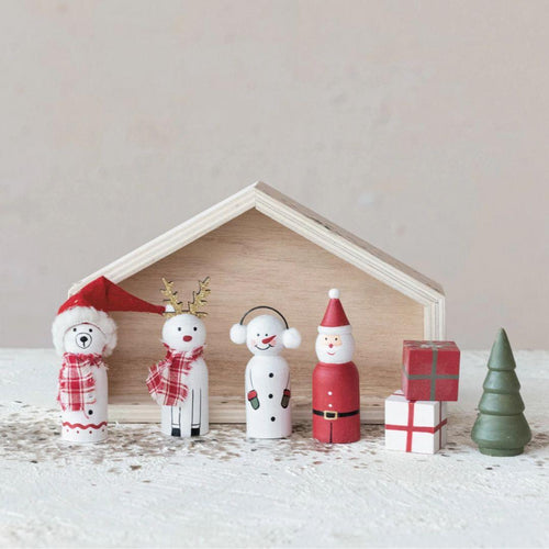 Wood Holiday Icons in House -  Boxed Set of 8
