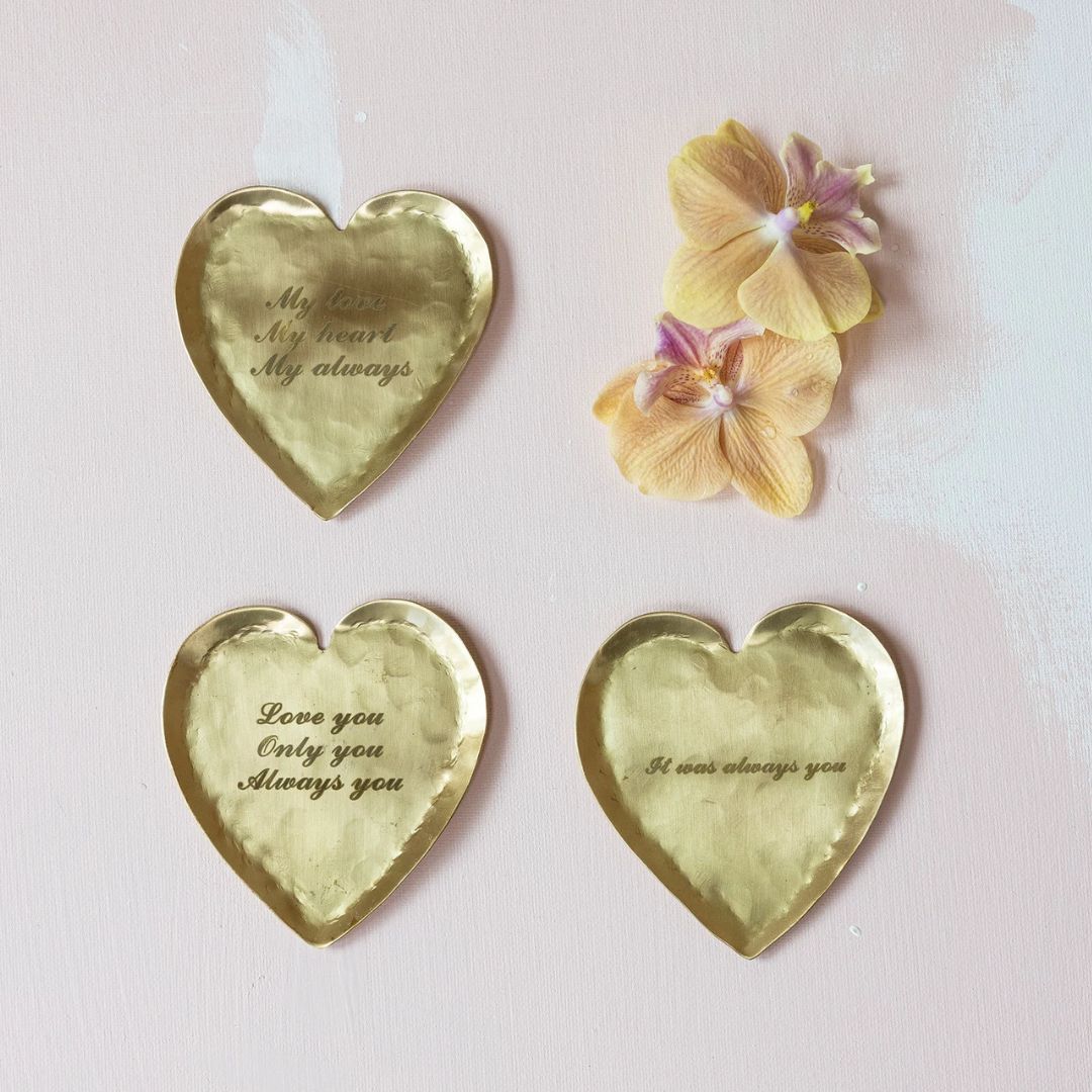 Decorative Brass Heart Shaped Dish with Etched Sayings - 3 Styles