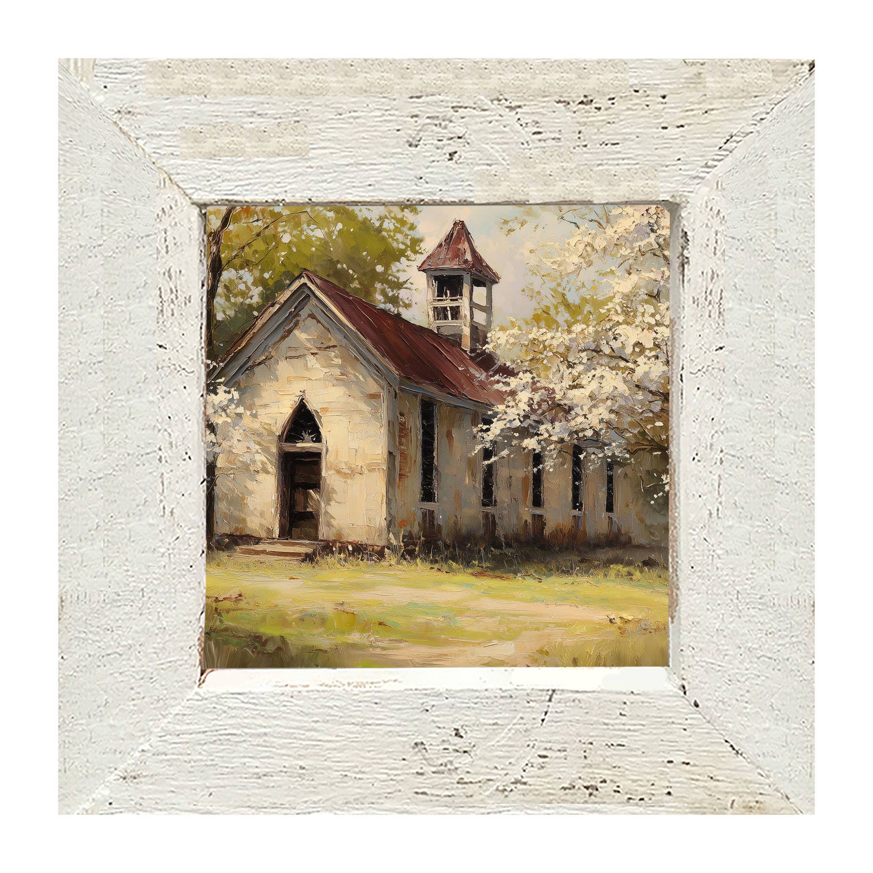 Country Church with White Flowering Trees