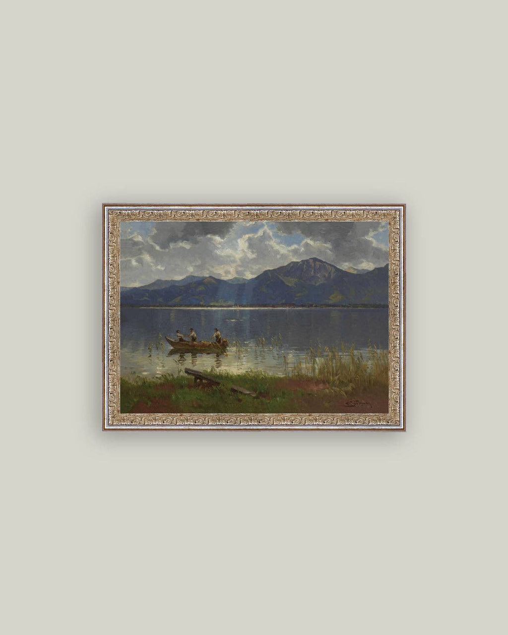 Fishermen on Lake Framed Antique Art