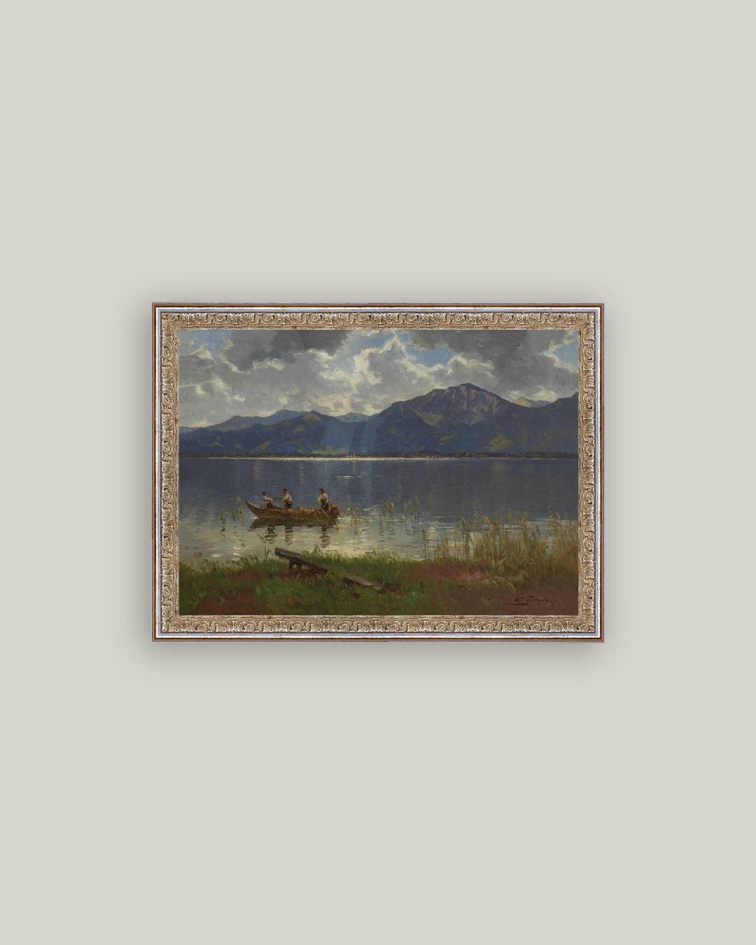 Fishermen on Lake Framed Antique Art