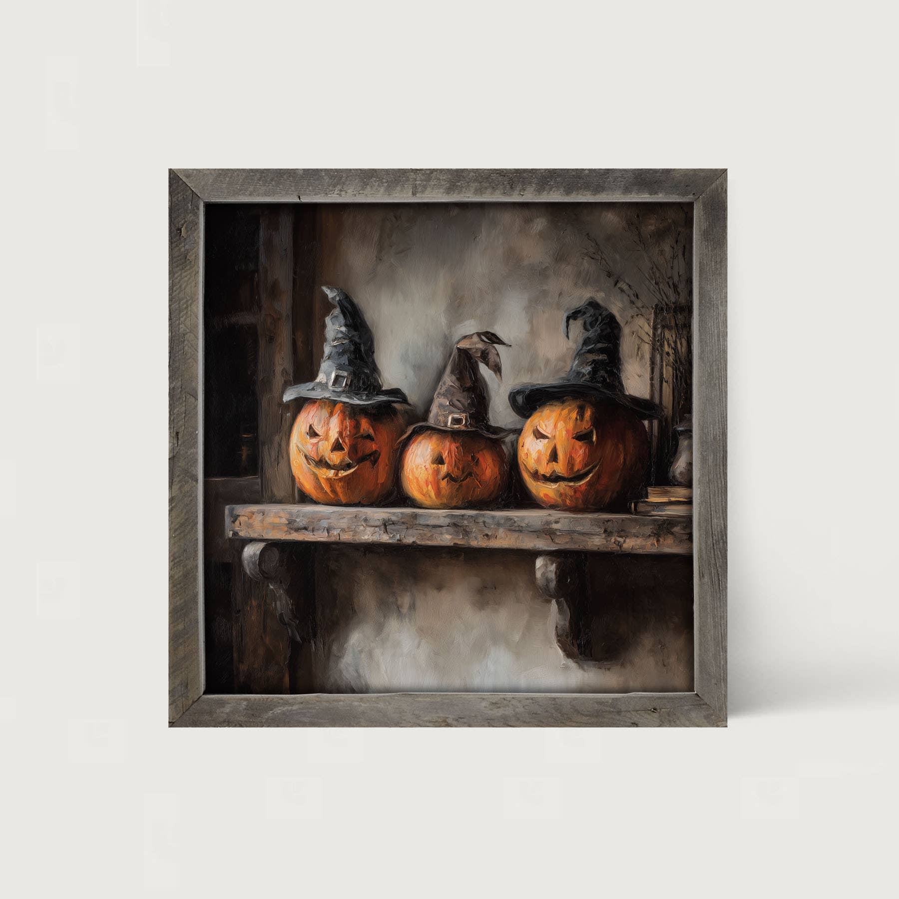 Trio of Jack-o-Lanterns in Witch Hats