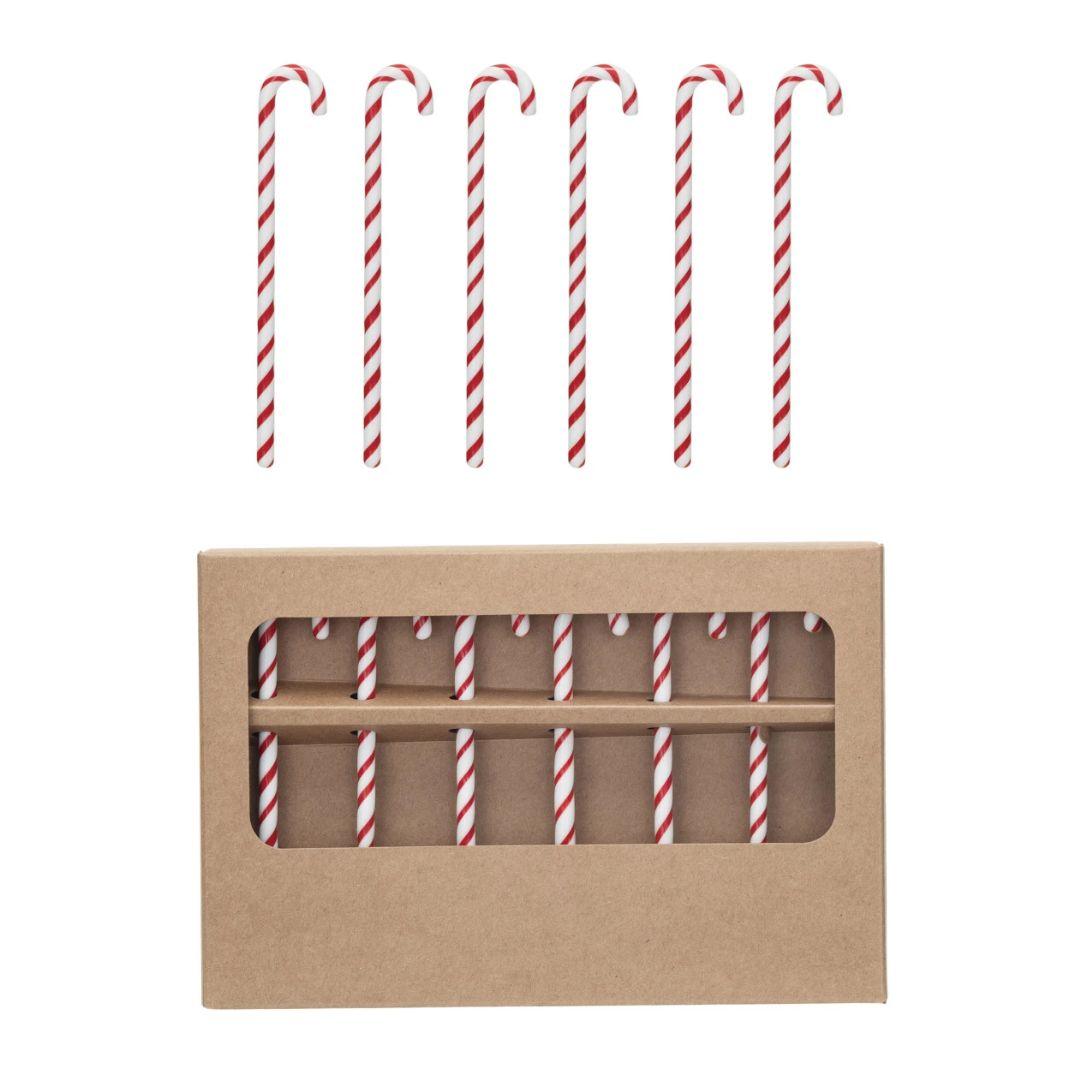 5" Glass Candy Cane Shaped Stir Sticks, Red & White - Boxed Set of 6