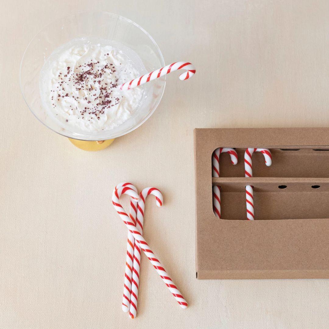 5" Glass Candy Cane Shaped Stir Sticks, Red & White - Boxed Set of 6