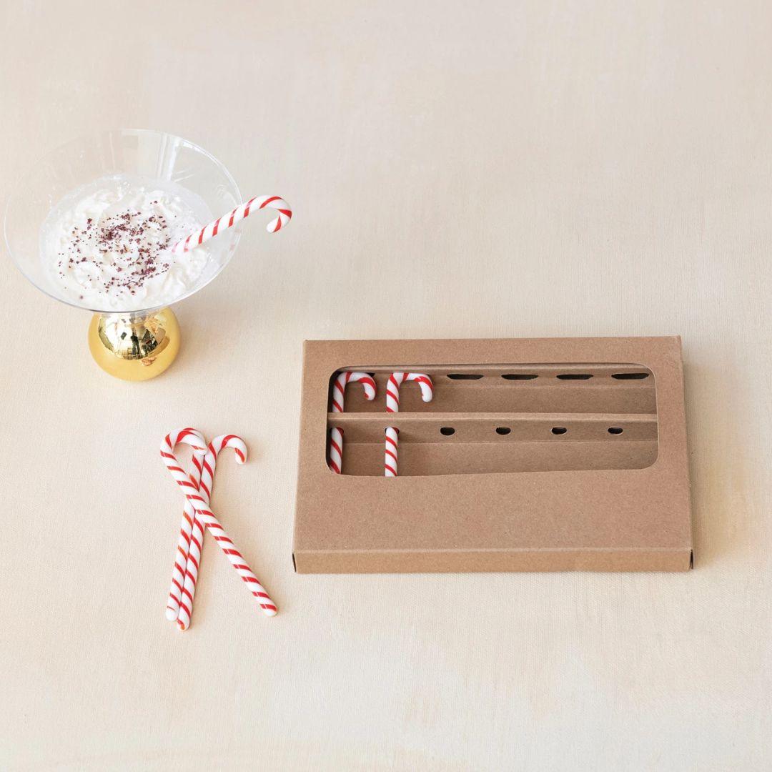 5" Glass Candy Cane Shaped Stir Sticks, Red & White - Boxed Set of 6