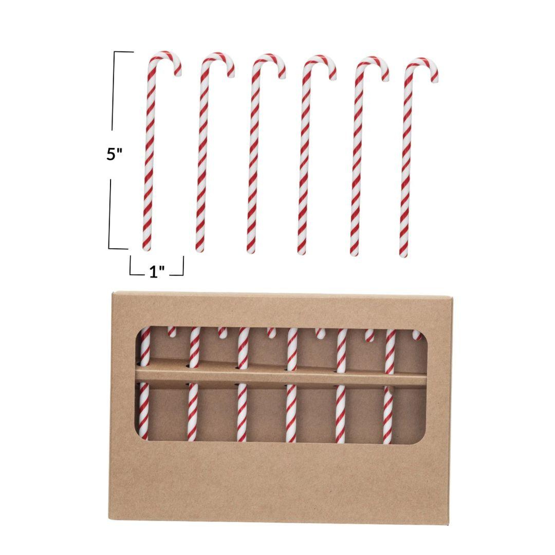 5" Glass Candy Cane Shaped Stir Sticks, Red & White - Boxed Set of 6