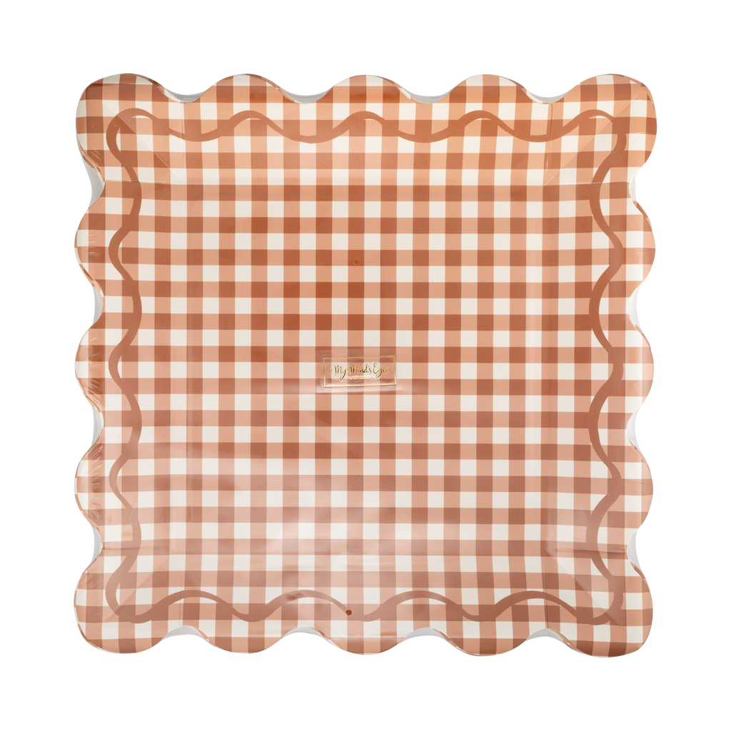 Rust Gingham Scalloped Sq. Paper Plates