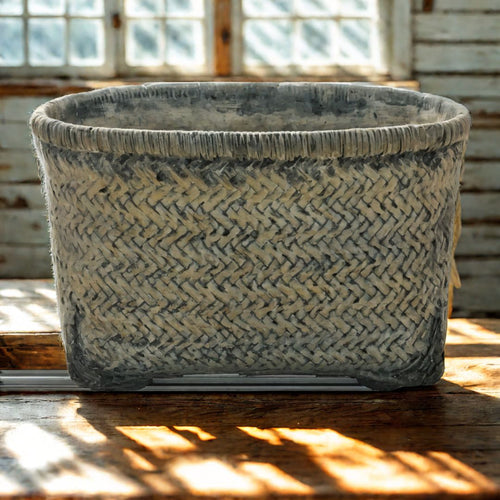 Cement Faux Oblong Basket Planter – Rustic Garden Accent