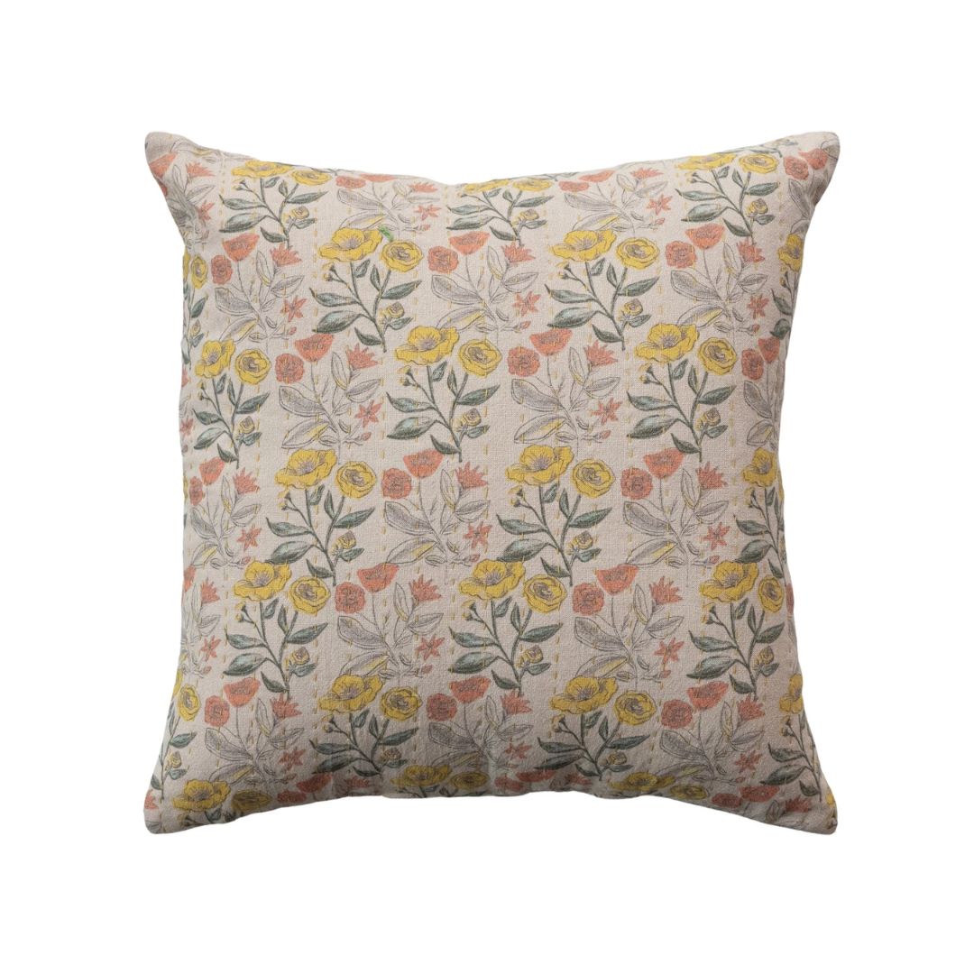 Chambray Printed Throw Pillow with Floral Pattern
