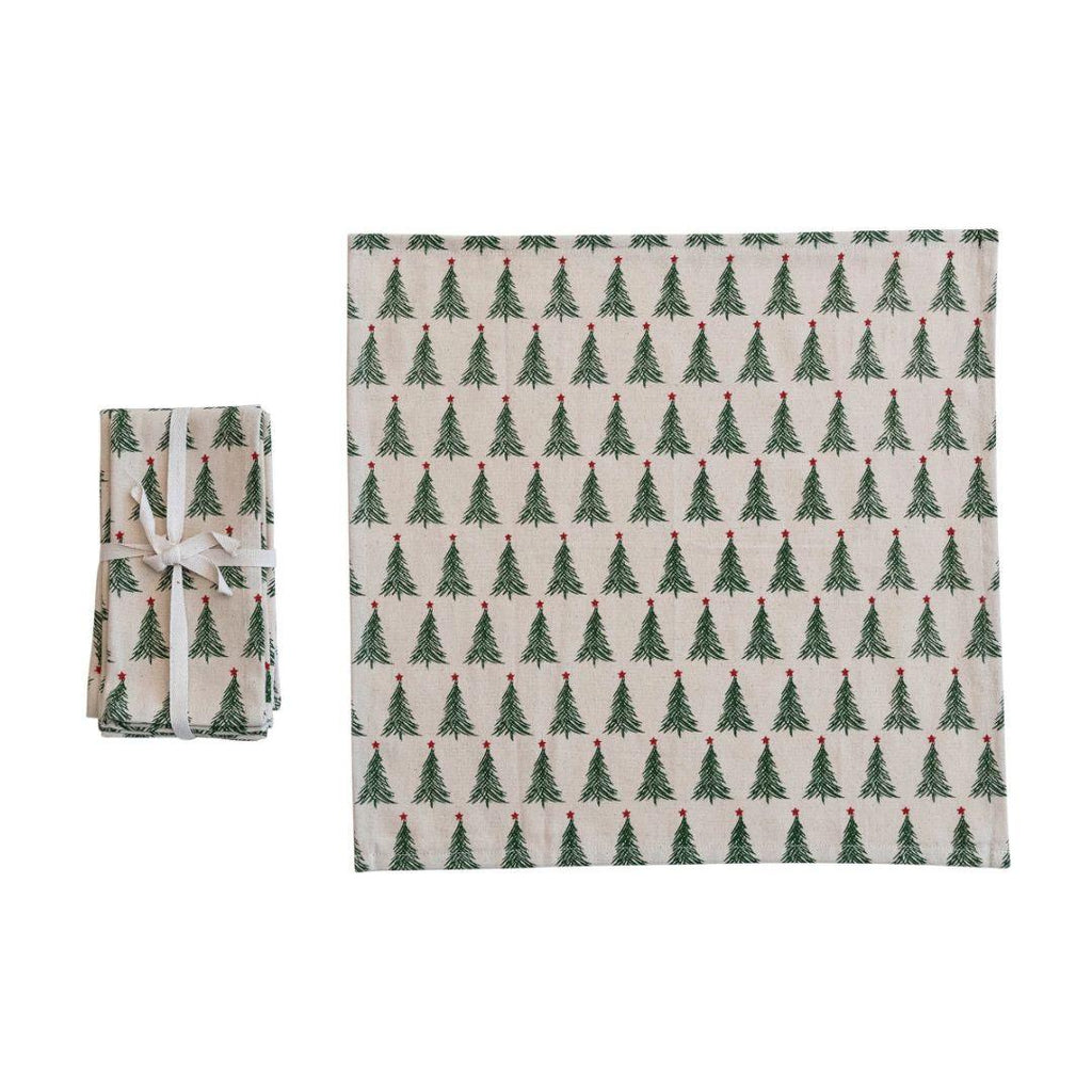 Stonewashed Cotton Printed Napkins with Christmas Tree Pattern - Set of 4