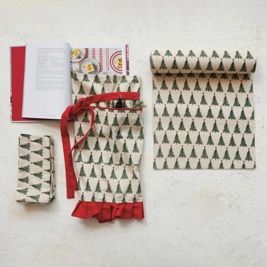 Stonewashed Cotton Printed Napkins with Christmas Tree Pattern - Set of 4