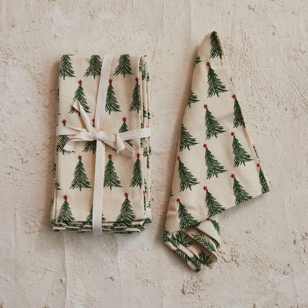 Stonewashed Cotton Printed Napkins with Christmas Tree Pattern - Set of 4