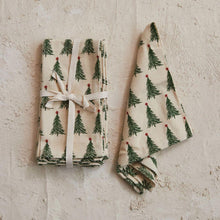 Stonewashed Cotton Printed Napkins with Christmas Tree Pattern - Set of 4
