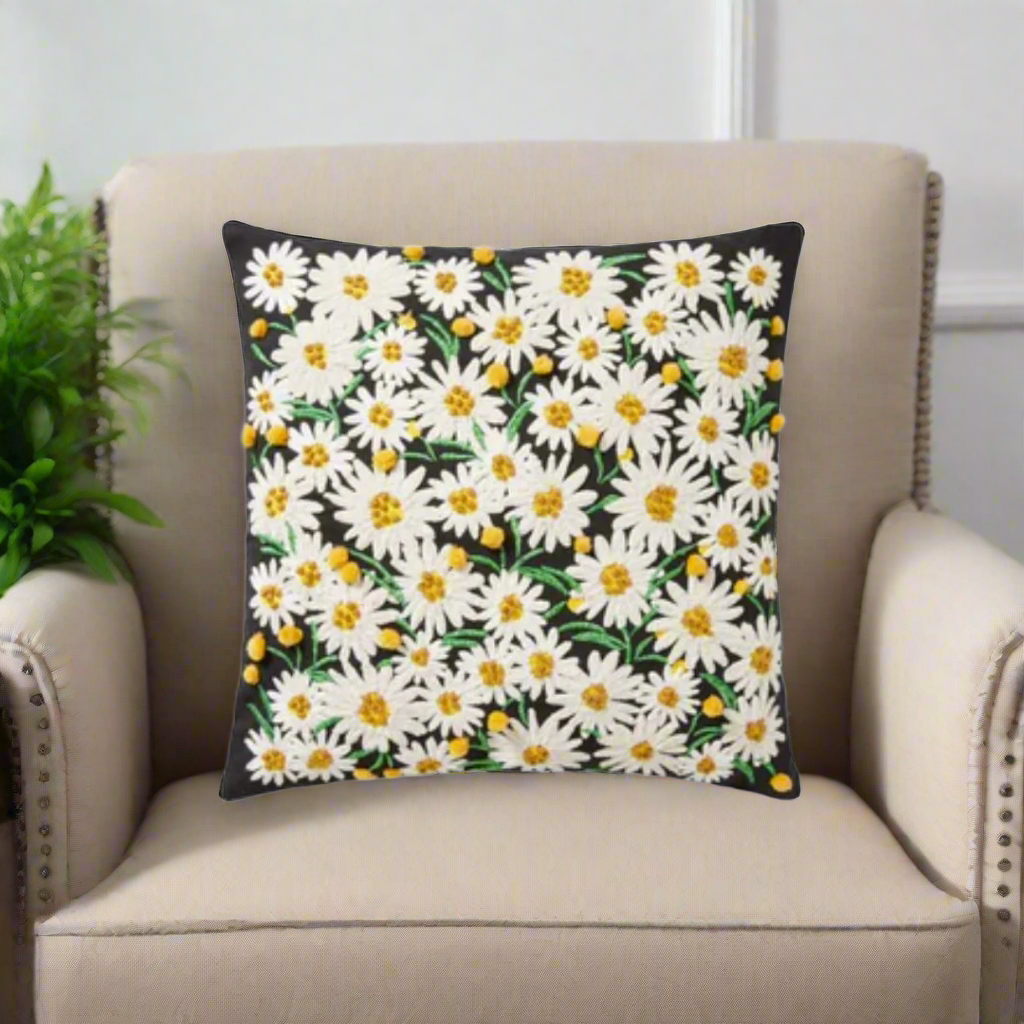 Daisy Black & Ivory Throw Pillow - 18x18"