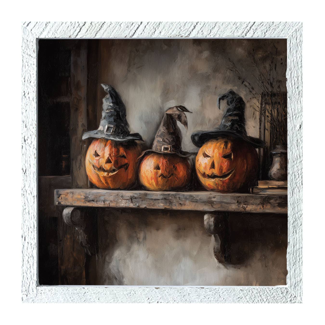 Trio of Jack-o-Lanterns in Witch Hats