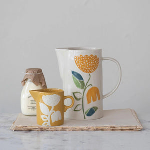 Yellow Hand-Painted Stoneware Creamer with Floral Design – 12 oz.