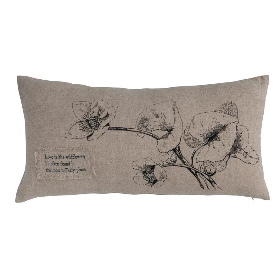 24" Lumbar Linen Throw Pillow With Printed Florals