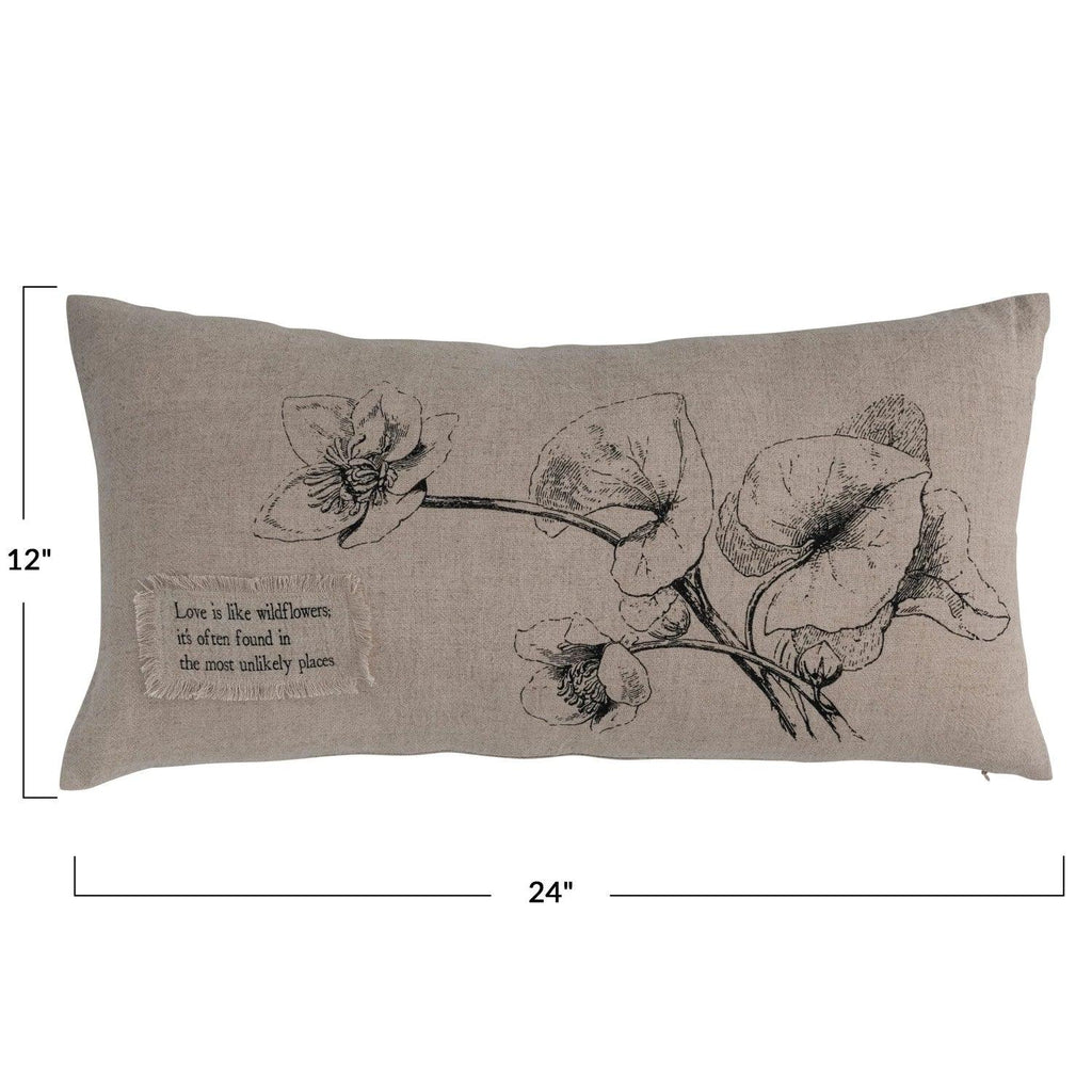 24" Lumbar Linen Throw Pillow With Printed Florals