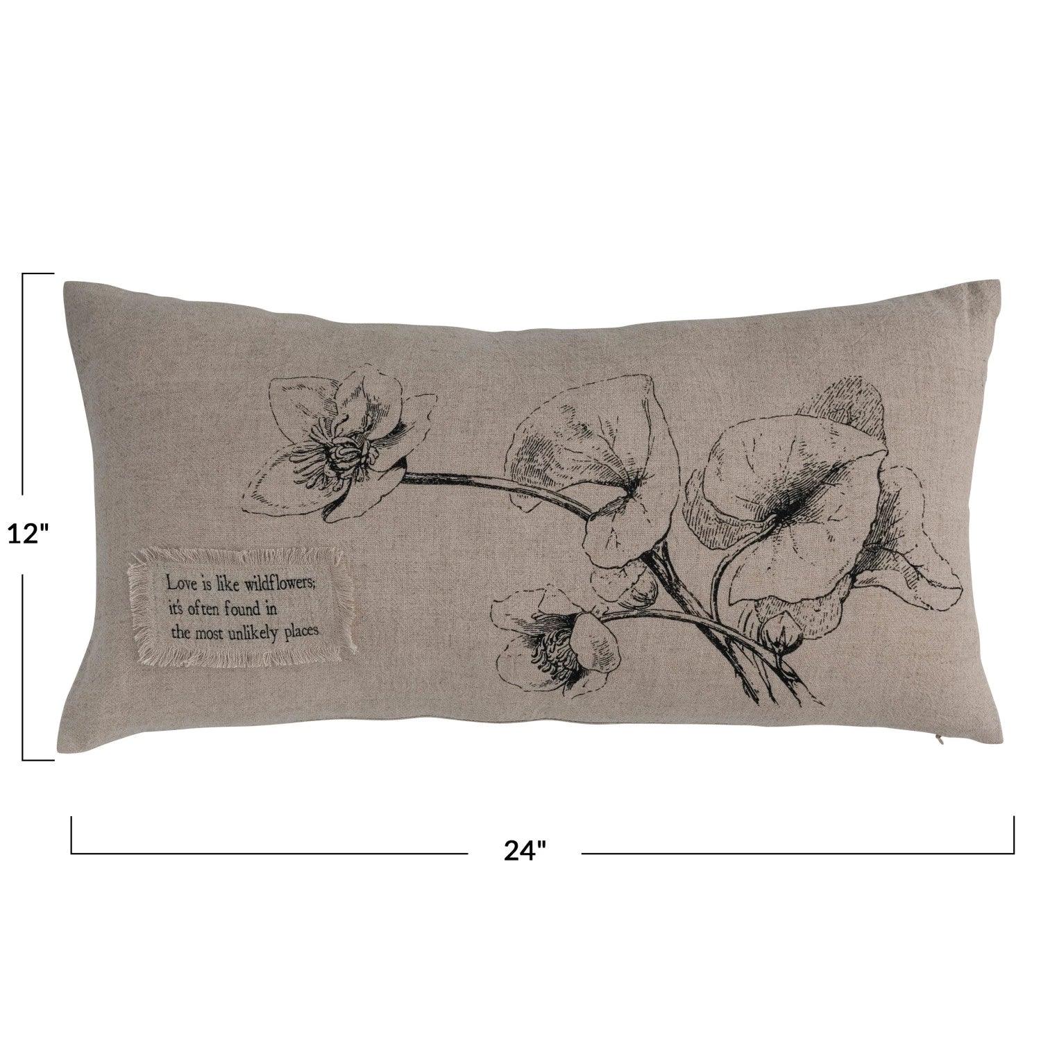 24" Lumbar Linen Throw Pillow With Printed Florals