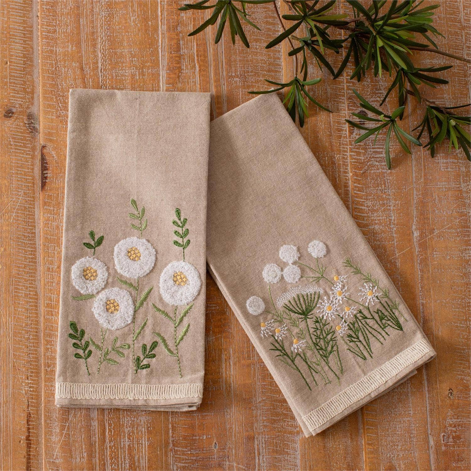 Chamomile Floral Embroidered Tea Towels (Set Of 2)