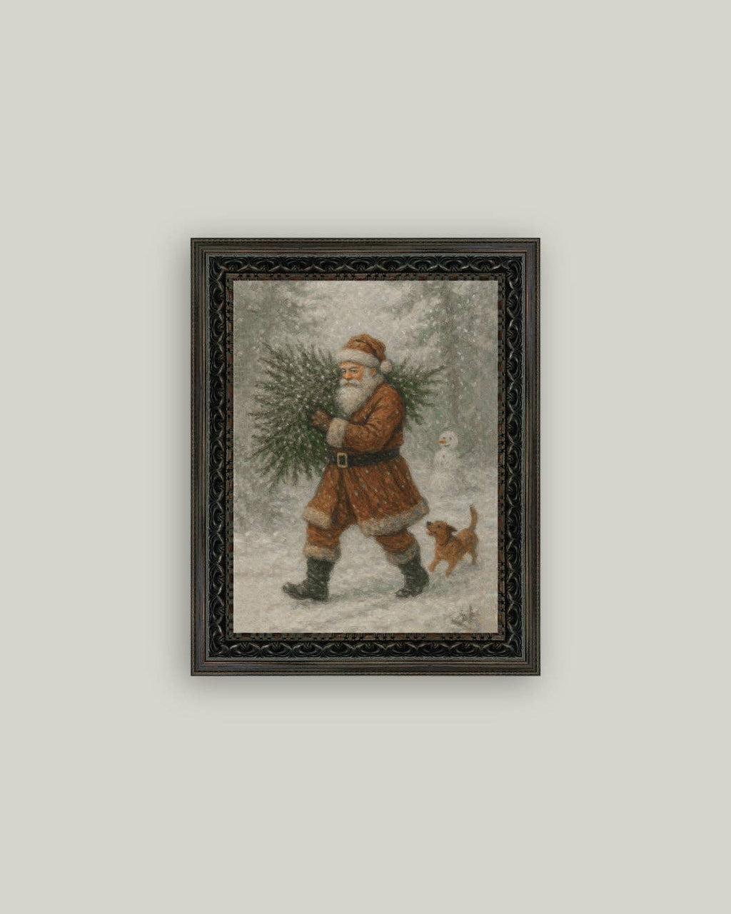 Santa with Tree Framed Antique Art