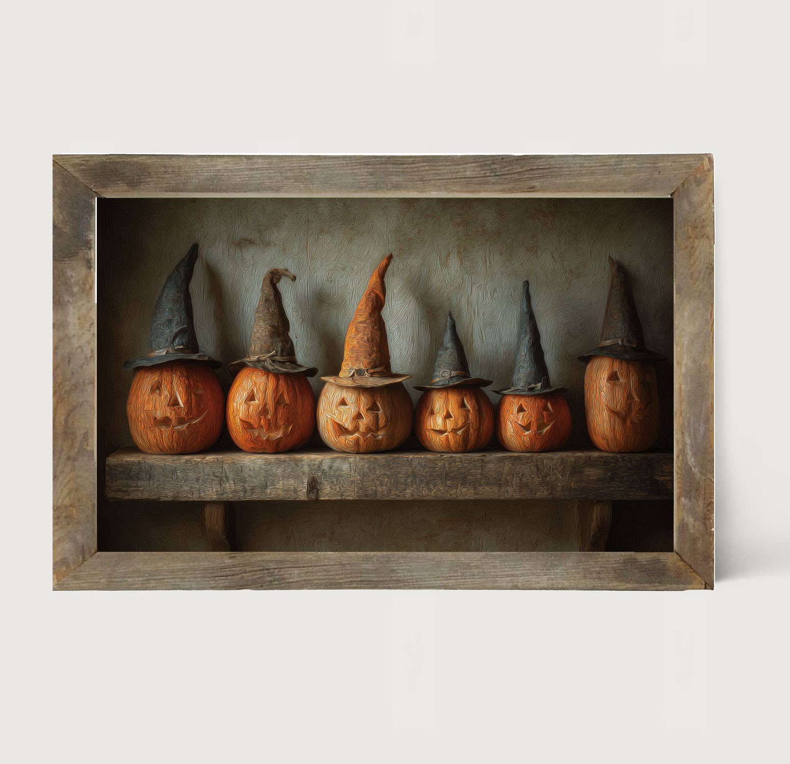 Shelf Full of Jack-o-Lanterns in Witch Hats - HF