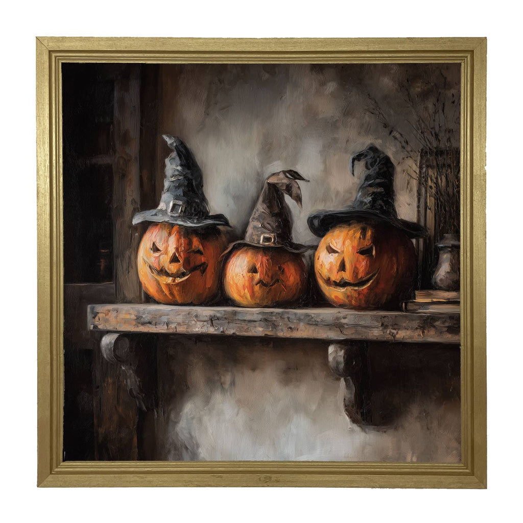 Trio of Jack-o-Lanterns in Witch Hats