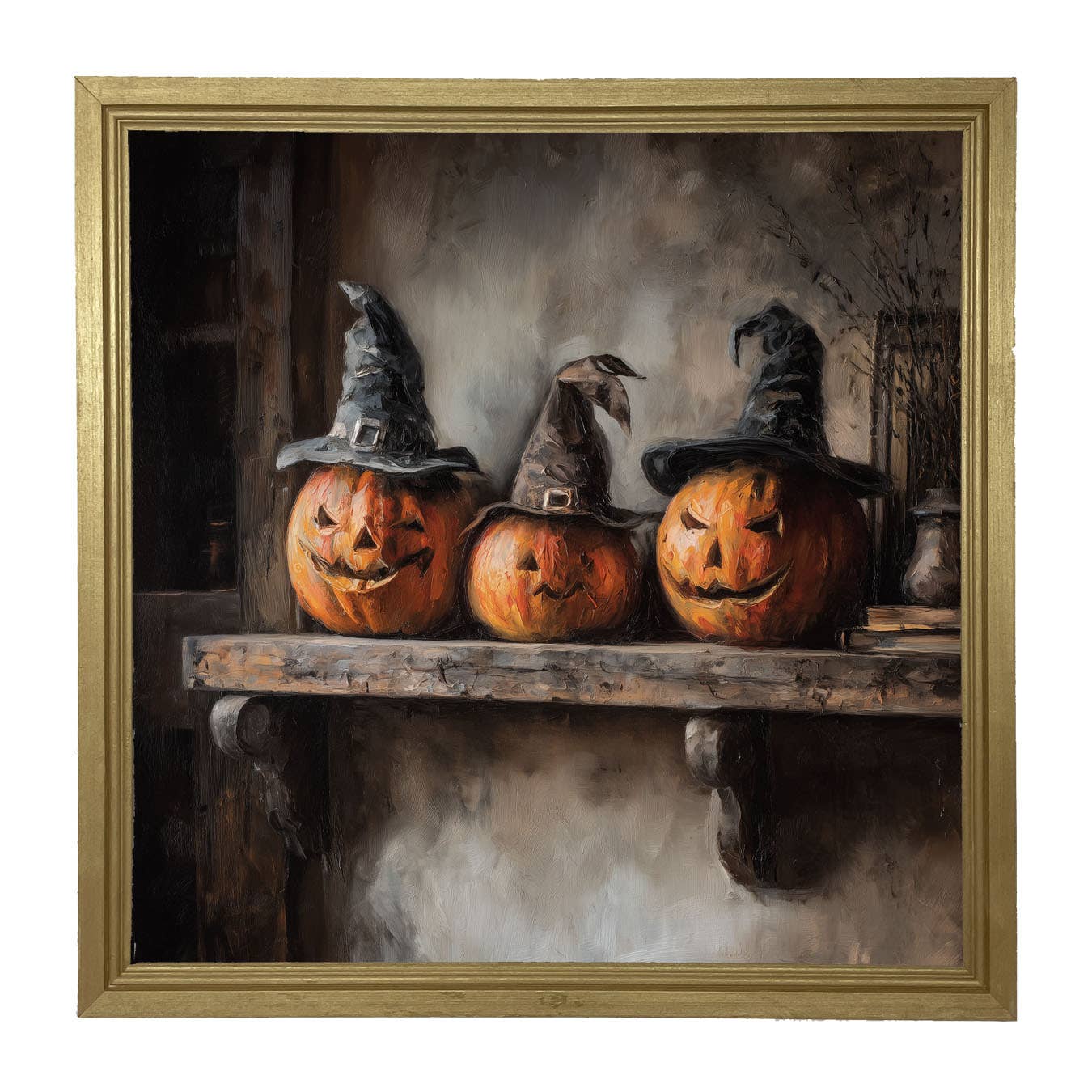 Trio of Jack-o-Lanterns in Witch Hats
