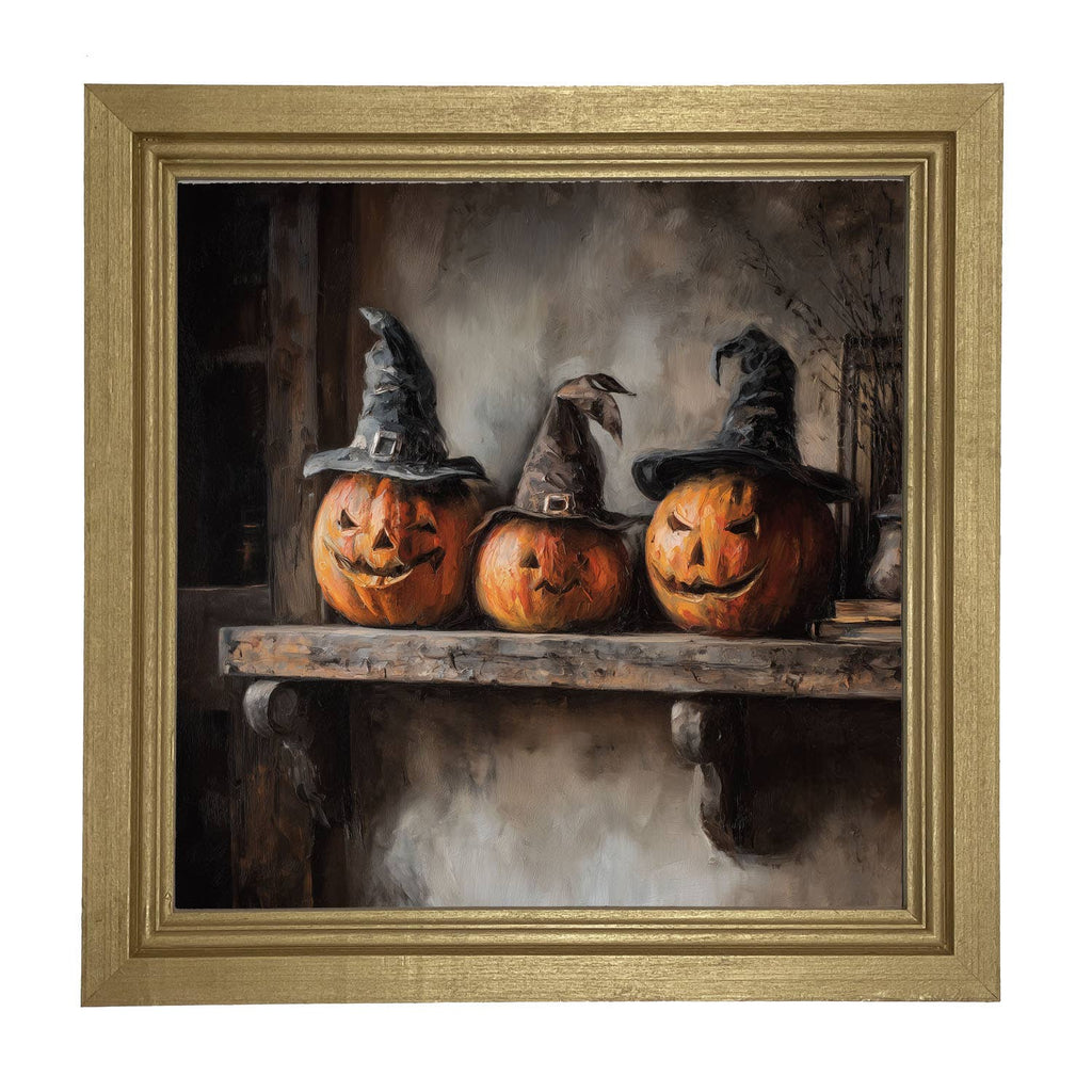 Trio of Jack-o-Lanterns in Witch Hats