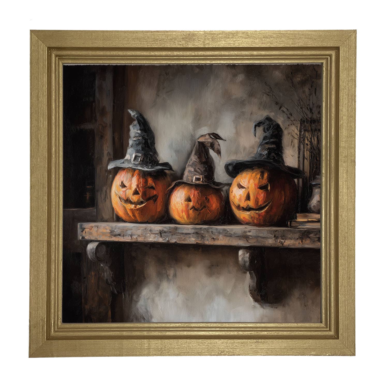 Trio of Jack-o-Lanterns in Witch Hats