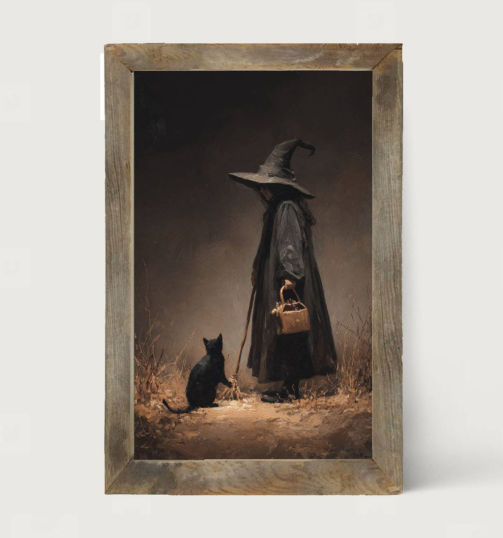 Witch with Black Cat on Path - Vertical Frame