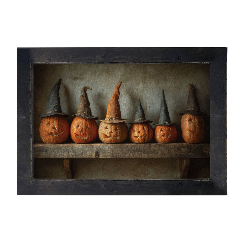 Shelf Full of Jack-o-Lanterns in Witch Hats - HF