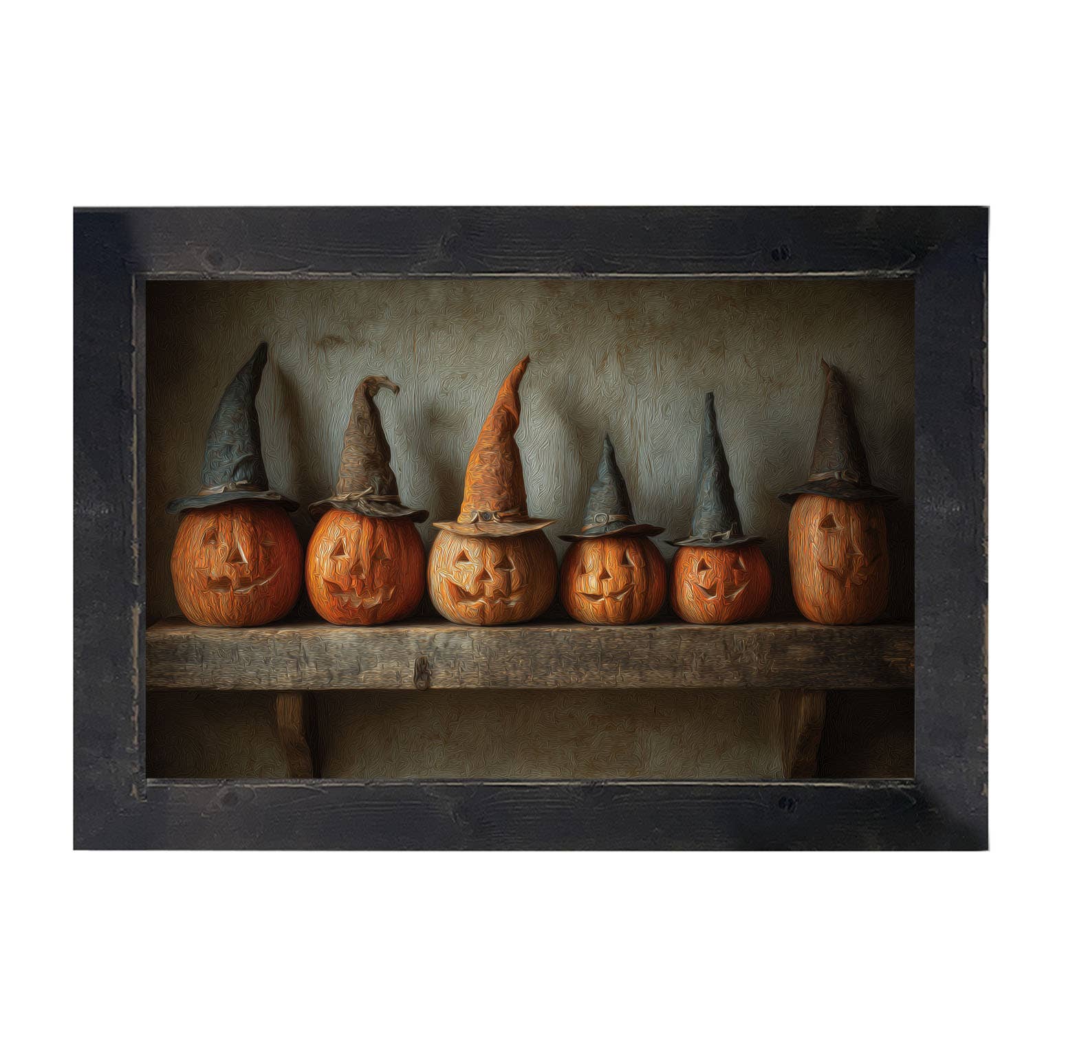 Shelf Full of Jack-o-Lanterns in Witch Hats - HF
