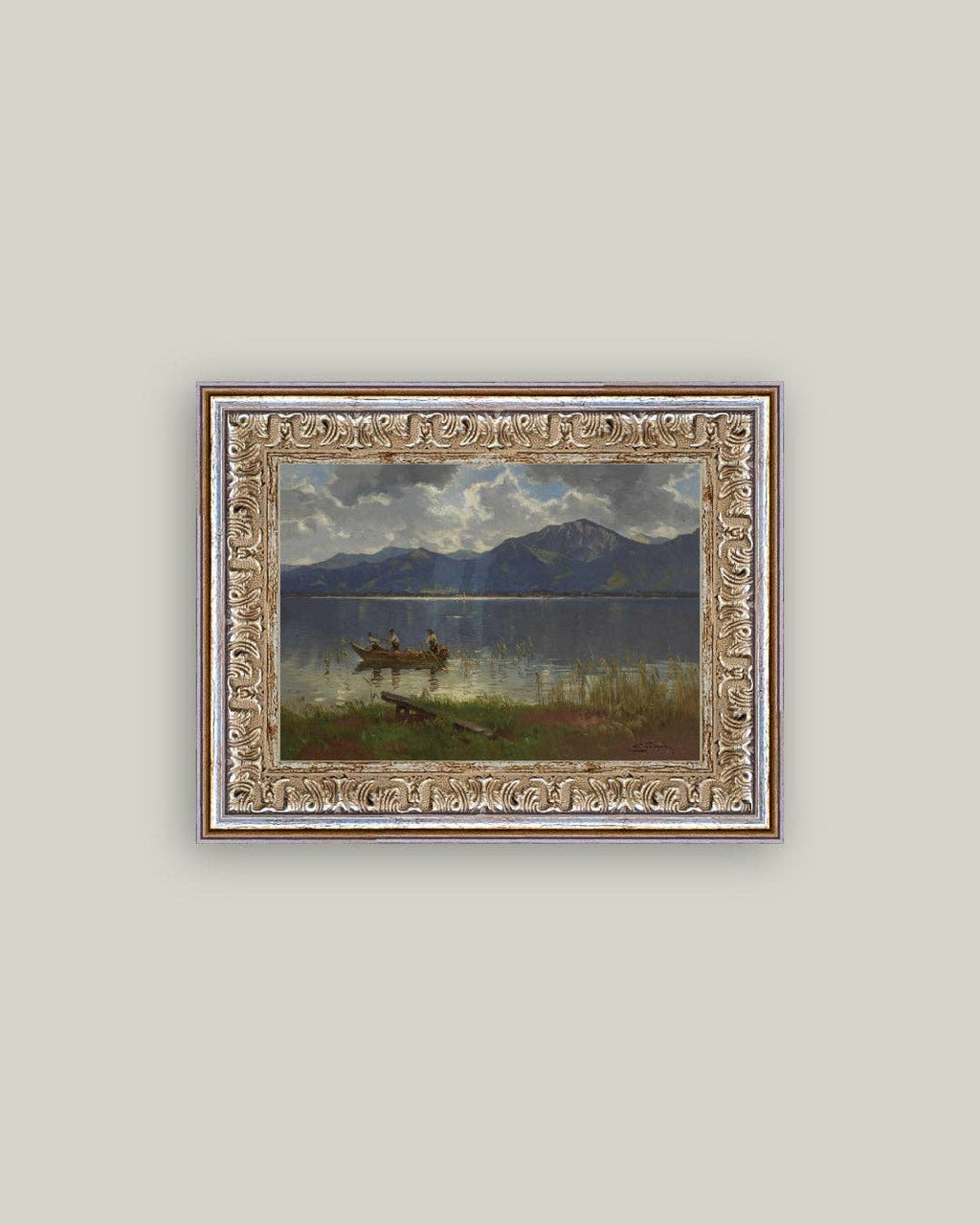 Fishermen on Lake Framed Antique Art