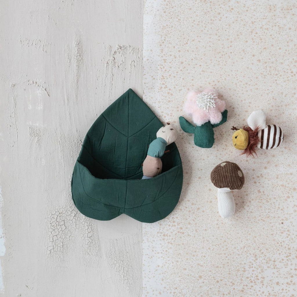 Leaf Pocket Play Set with Soft Flower, Caterpillar, Bee & Mushroom - 5-Piece Fabric Toy Set